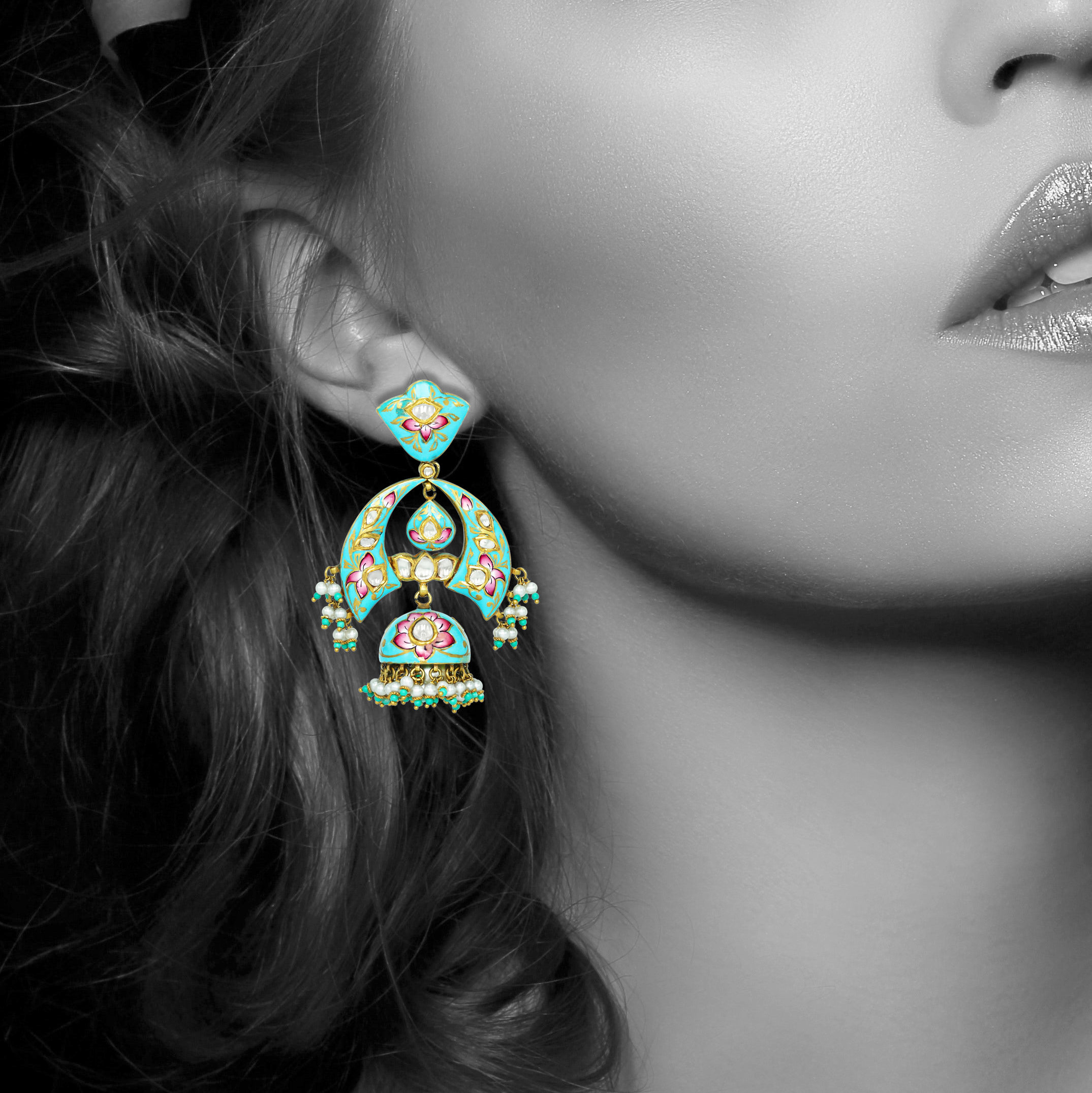 Pastel Enamel Jhumkas with Pearl and Turquoise Danglings